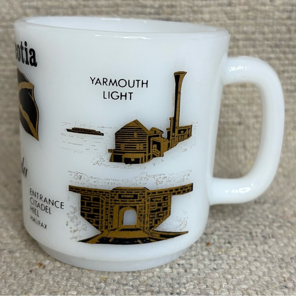 Vintage Nova Scotia Souvenir Mug White and Gold Milk Glass